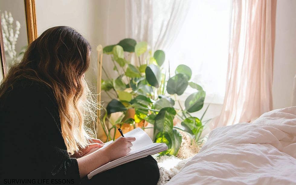 A calm individual journaling in a quiet space while reflecting on identity changes and setting thoughtful SMART goals during a life transition.