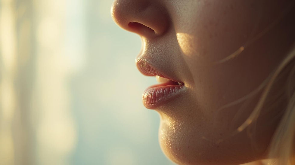 Person opening their mouth to speak softly, symbolizing reclaiming a silenced voice