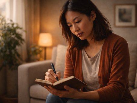 Person sitting quietly with a journal, reflecting on purpose and remembering why they started during a difficult season