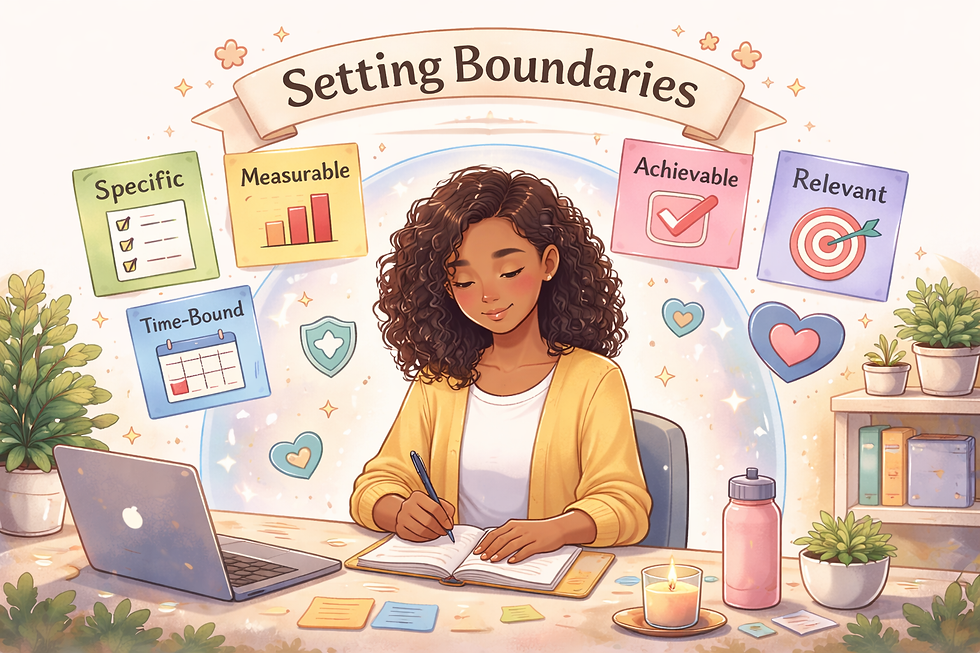 Person calmly creating boundaries while protecting emotional and mental well-being using SMART goals.