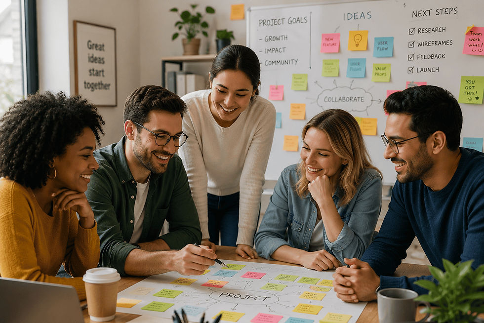 A group of coworkers collaborating casually around a shared project with smiles and sticky notes