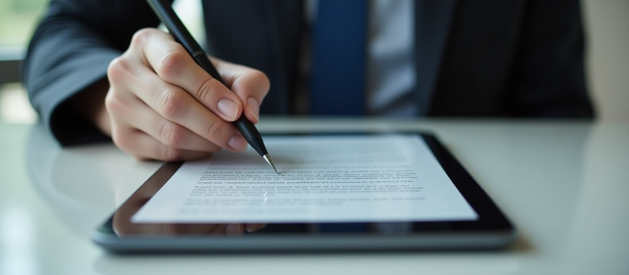 Imagem de uma pessoa em traje formal assinando um documento digital em um tablet com uma caneta touch, em um ambiente corporativo.