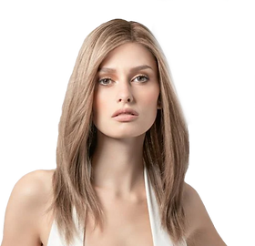 Mulher com peruca oncológica de cabelo natural castanho, comprida e lisa, modelo Emotion da Ellen Wille