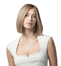 Mujer con peluca de cabello natural de media melena liso rubio, de Ellen Wille