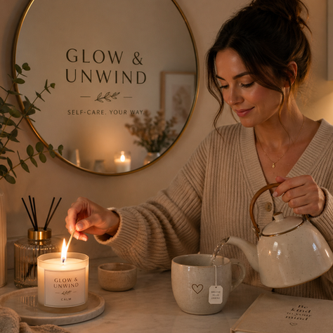 Lady making calming tea bathed in candle light