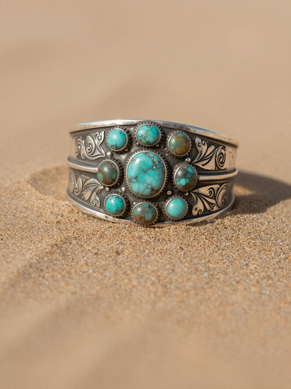 Intricate silver cuff with turquoise stones