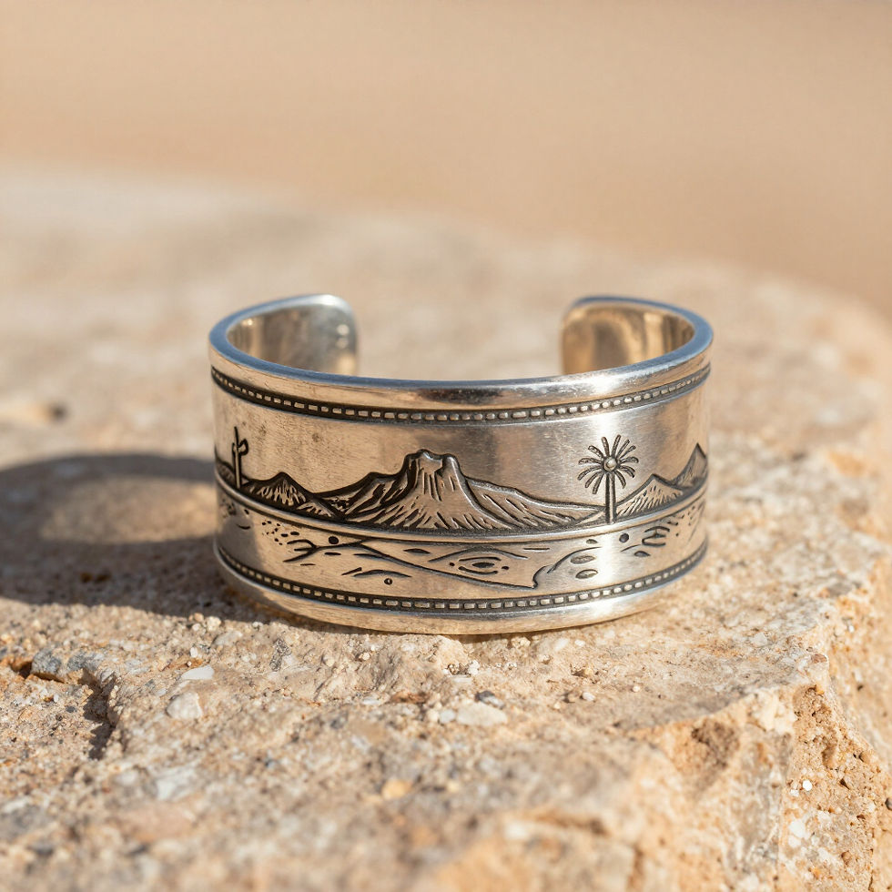 Silver cuff bracelet with engraved mountain and sun motif