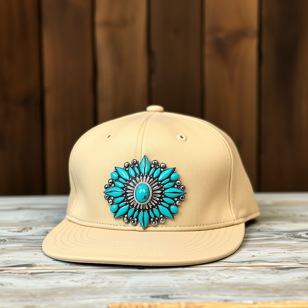baseball hat style in beige that has turquoise concho with silver deatiling on the concho