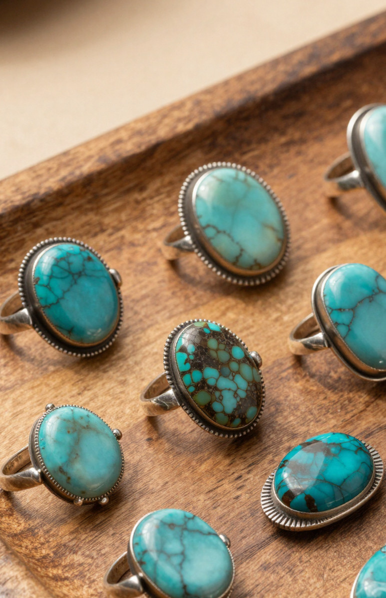 Turquoise rings on a wooden tray