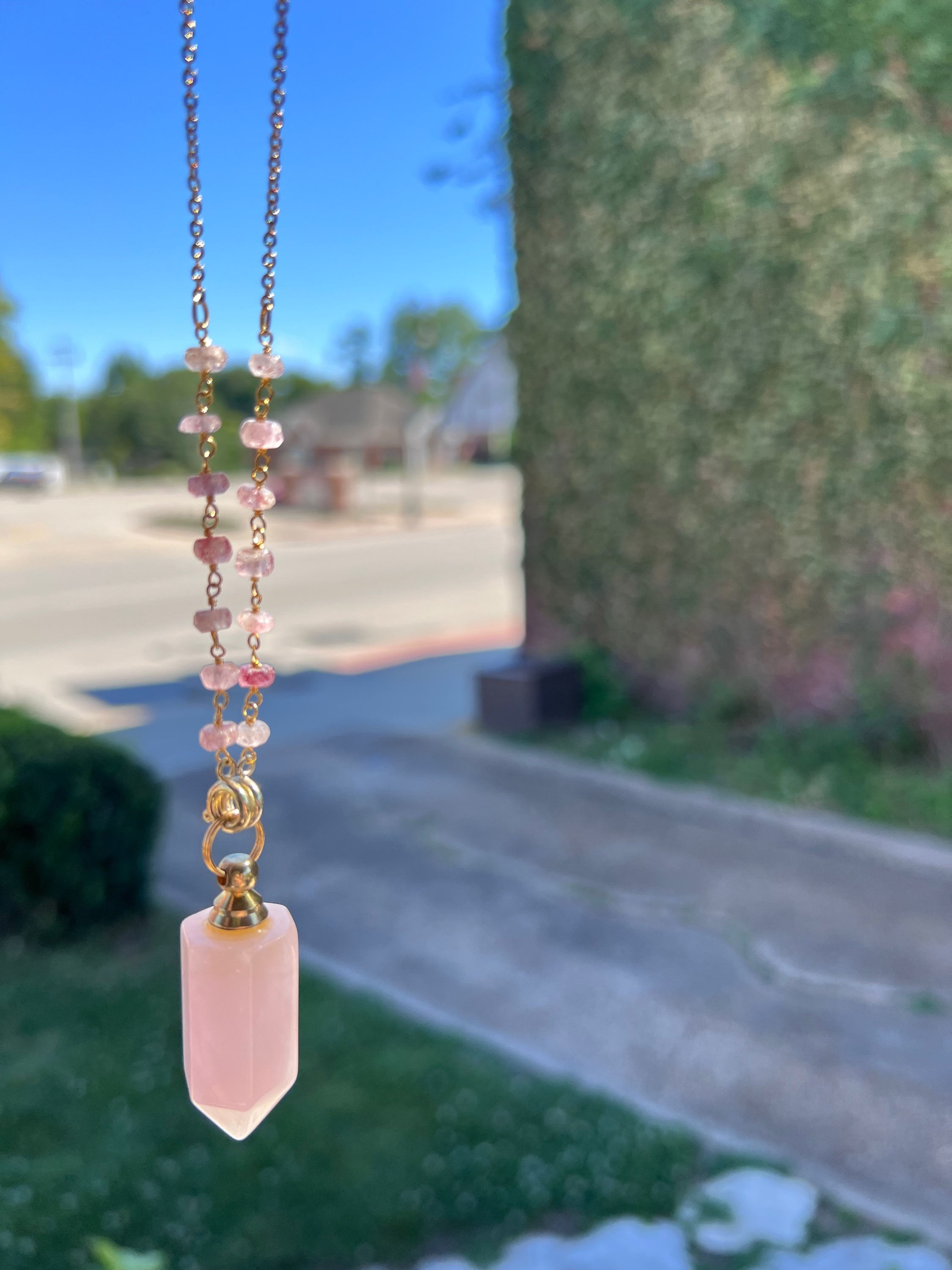 Rose Quartz Point Tincture Necklace with Strawberry Tourmaline