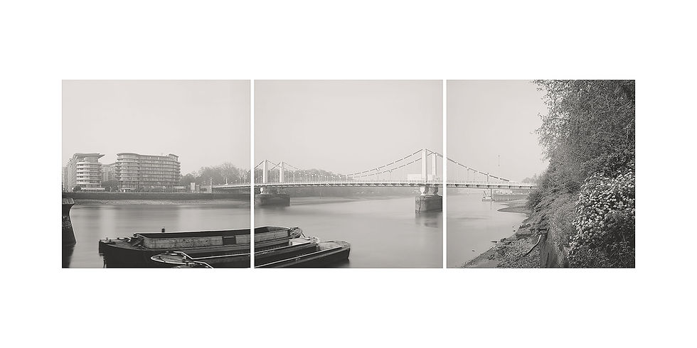 Black and white triptych photography of Chelsea Bridge in London with moored boats, modern buildings and a tree-lined walkway