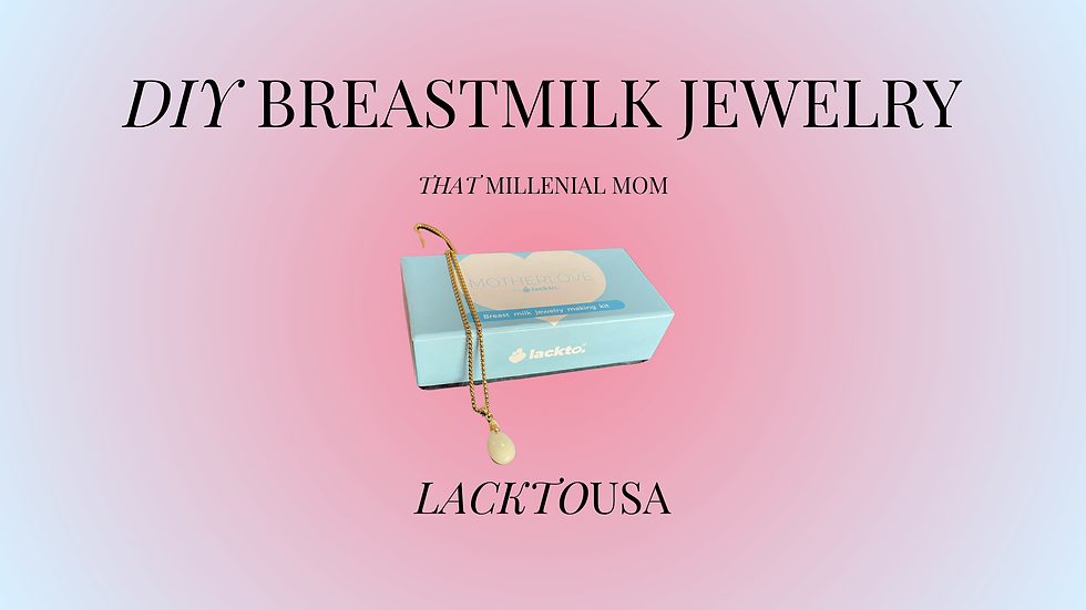 Header image with a blue and pink background, the title of the blog, the name of the company, and the breast milk jewelry laying over the box