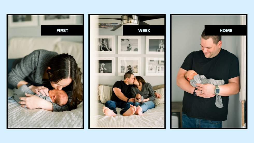 Three picture collage with mom kissing baby on forehead laying on a bed, mom and dad kissing and holding baby sitting on a bed, dad holding baby and looking down at him