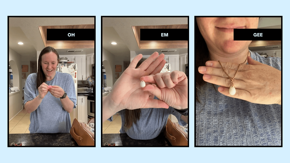 A image collage with three photos that shows a woman in a blue shirt looking at her breast milk charm, displaying just the charm piece, and wearing the charm
