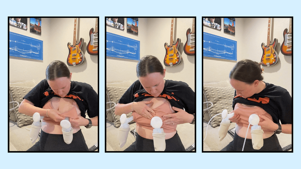 A 3 photo collage on a light blue background showing the Baremotherhood BareShield flanges being inserted and properly worn in a pumping bra