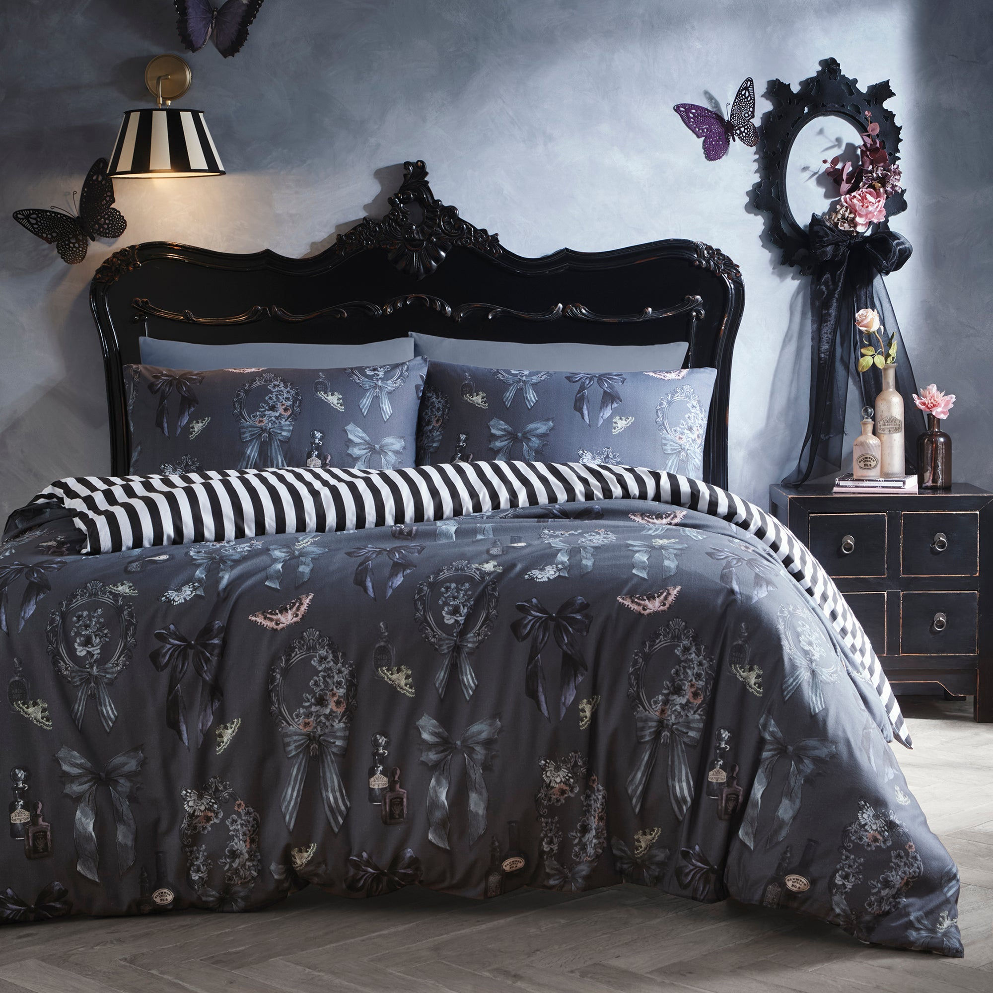 Fusion - Bows Noir - Duvet Cover Set - Grey - Double
