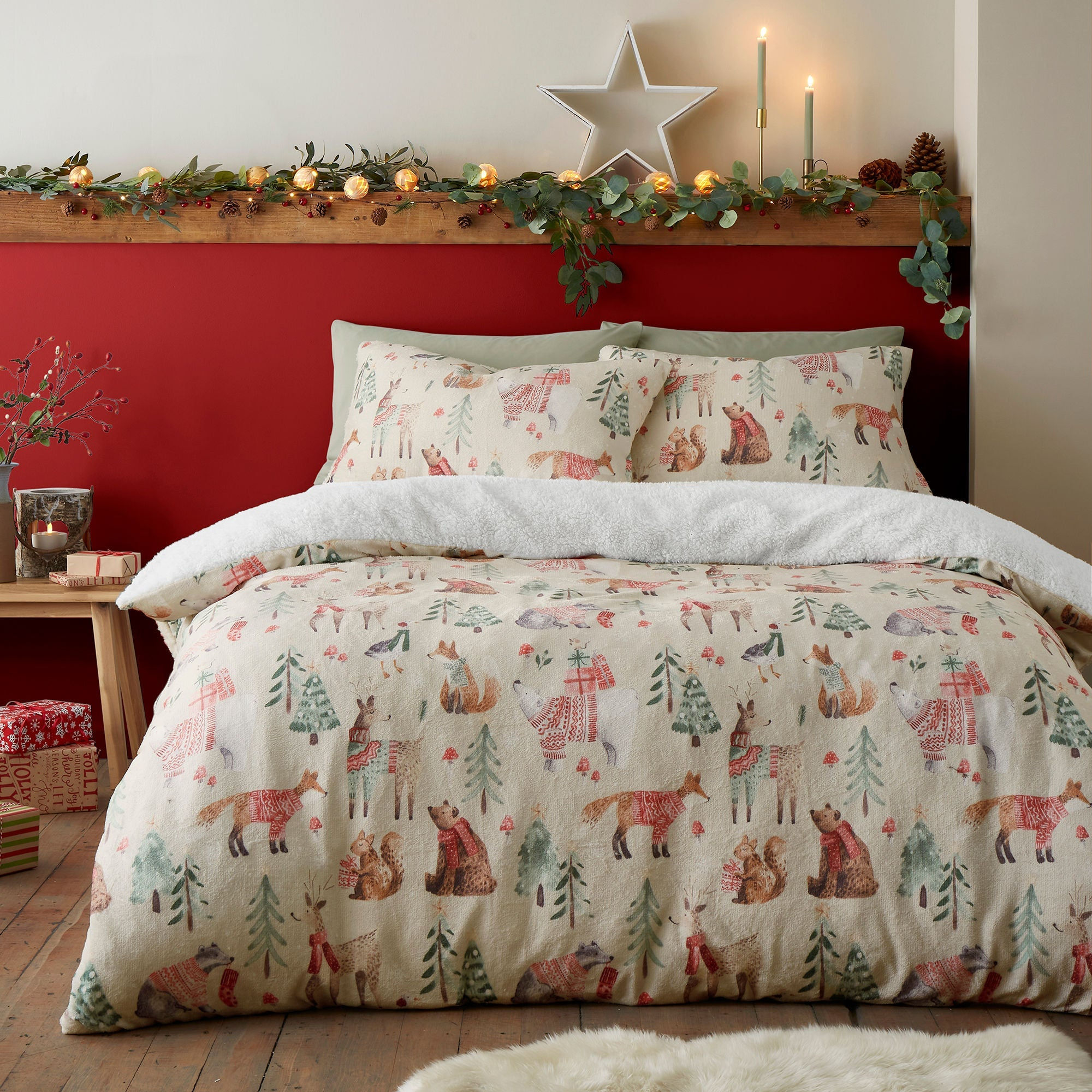 Fusion - Christmas Woodland Animals - Duvet Cover Set - Natural - Double