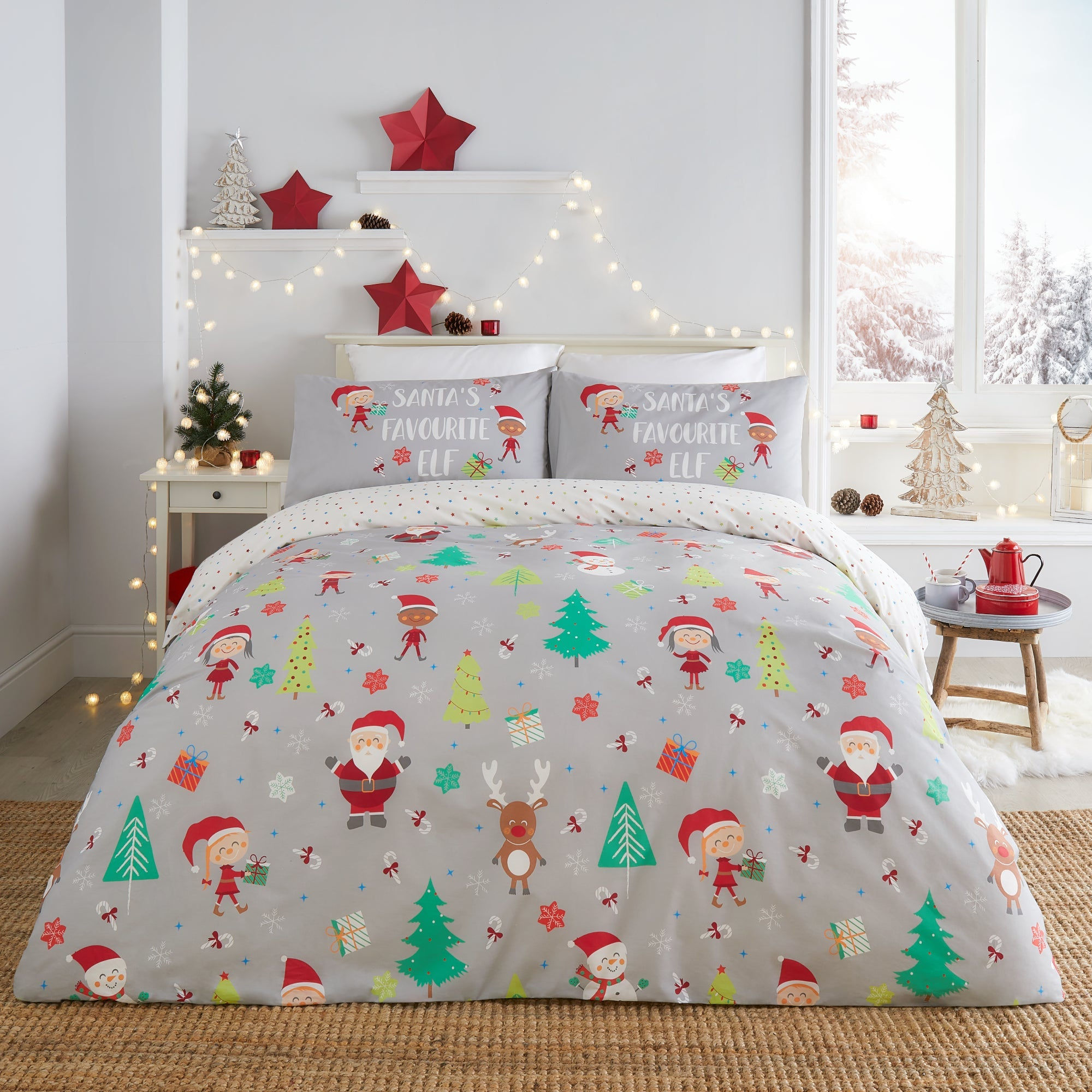 Fusion - Elf & Santa - Duvet Cover Set - Grey - Double
