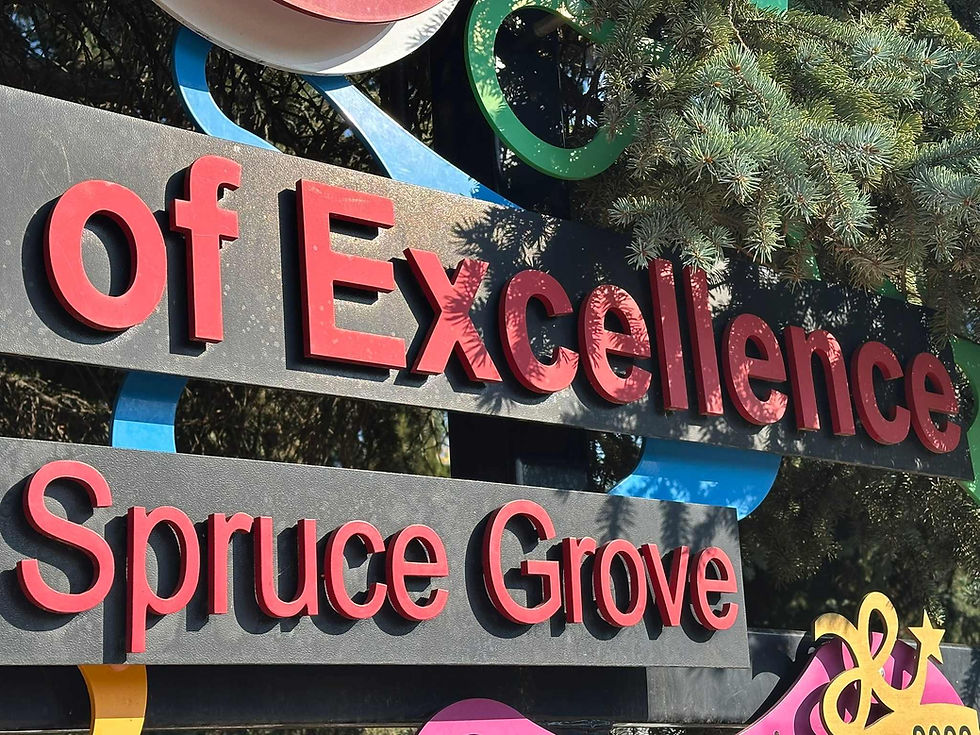 a sign that reads of excellence, Spruce Grove in red. it is on a colourful sign