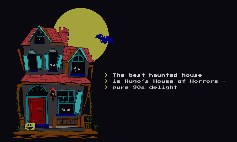 A drawing of the exterior of a haunted house from the game Hugo's House of Horrors next to haiku poem text that reads "The best haunted house / is Hugo's House of Horrors / pure 90s delight"