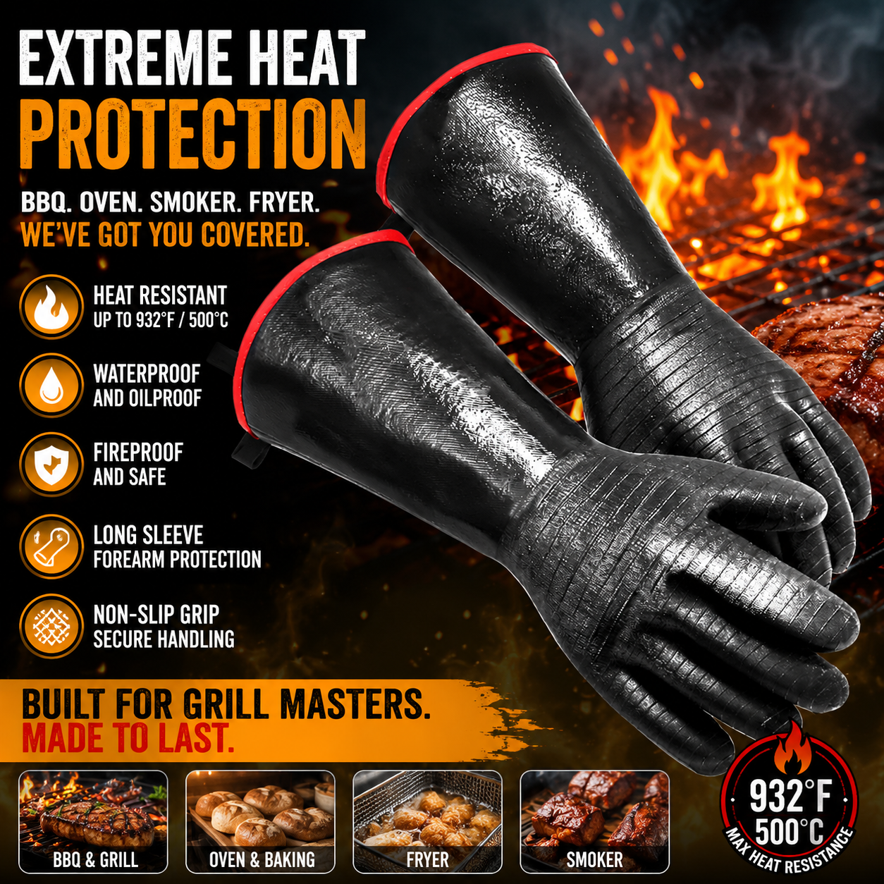WEXNEO Heat Resistant BBQ Grill Gloves – Waterproof Long Sleeve Fireproof Gloves