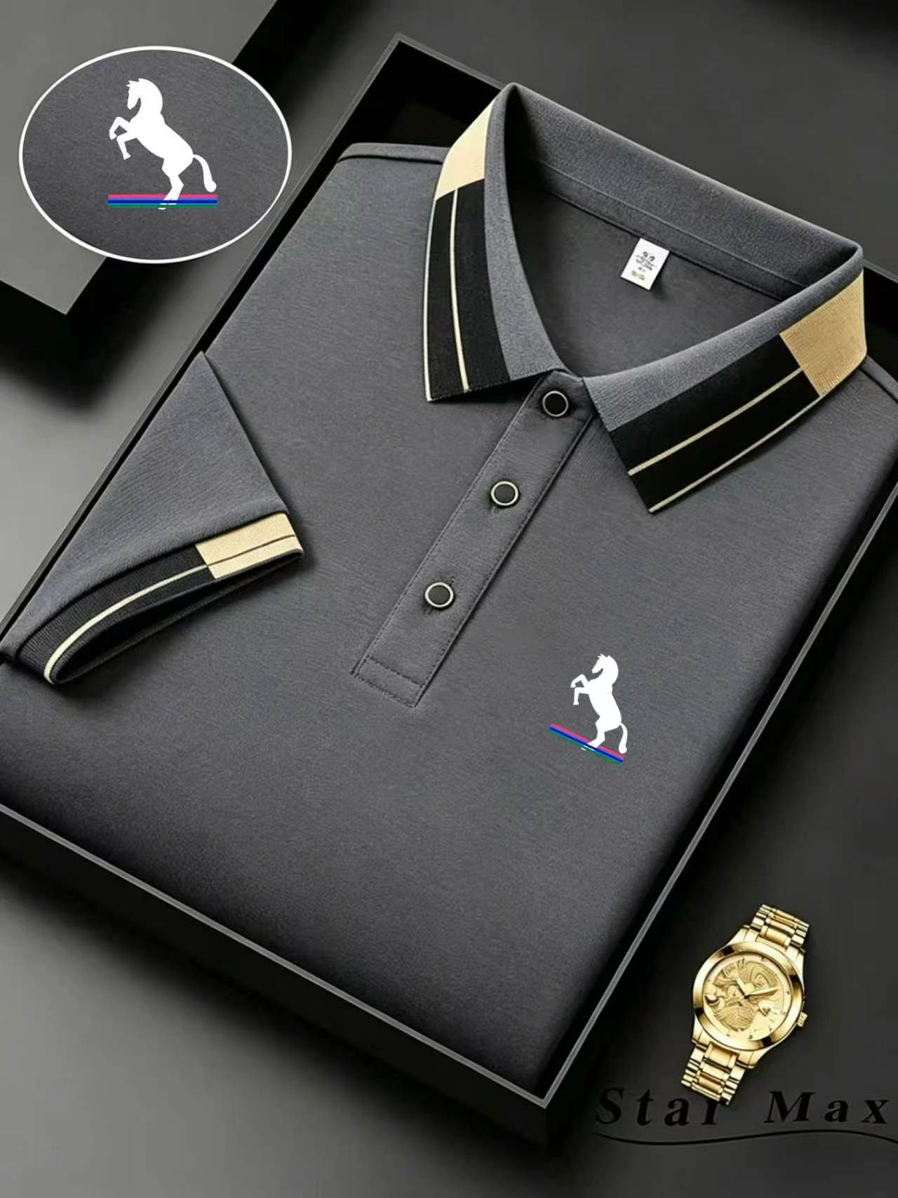 Luxury Men Polo Shirt Short Sleeve Embroidered Horse Milan Style Business