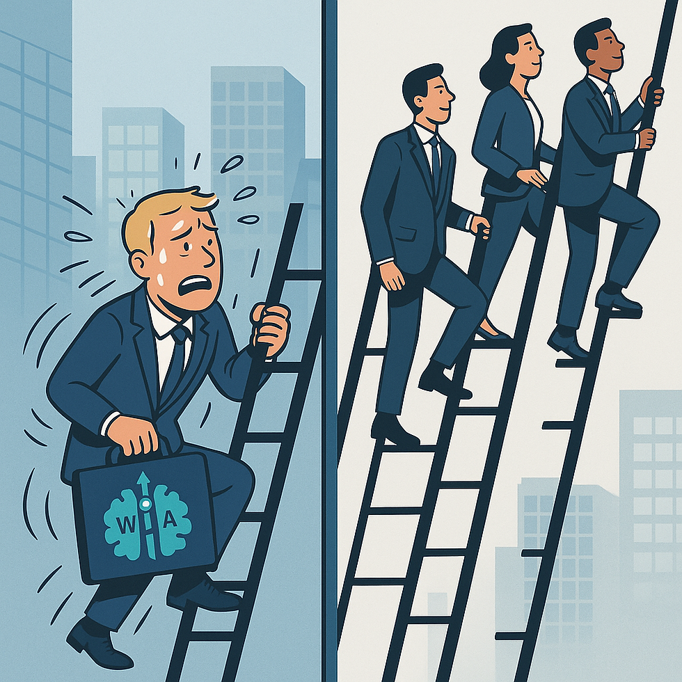 Generated image of Chris Wilson at the top of a short career ladder vs colleagues on a taller ladder