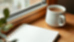 Empty journal and cup of tea by a window