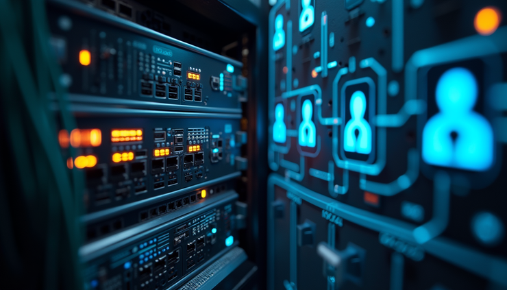 Eye-level view of a server rack with glowing network cables and digital identity icons