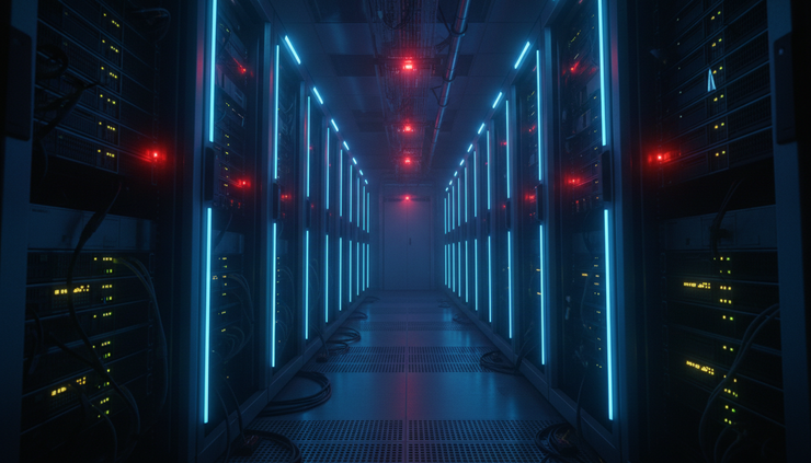 Wide-angle view of a protected data centre aisle with illuminated server racks and warning lights