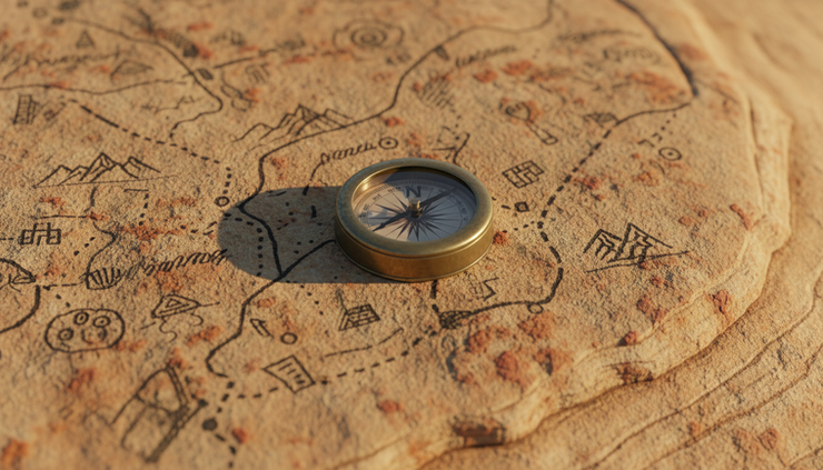 Close-up view of a handwritten map and compass on weathered stone.