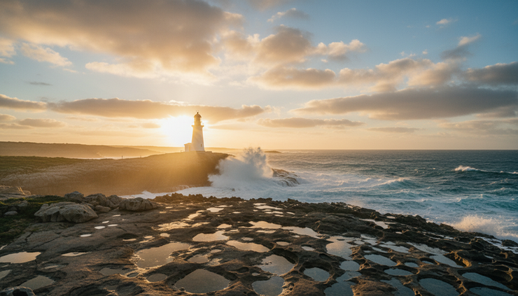 Wide-angle view of a lighthouse standing over rough water at sunrise.
