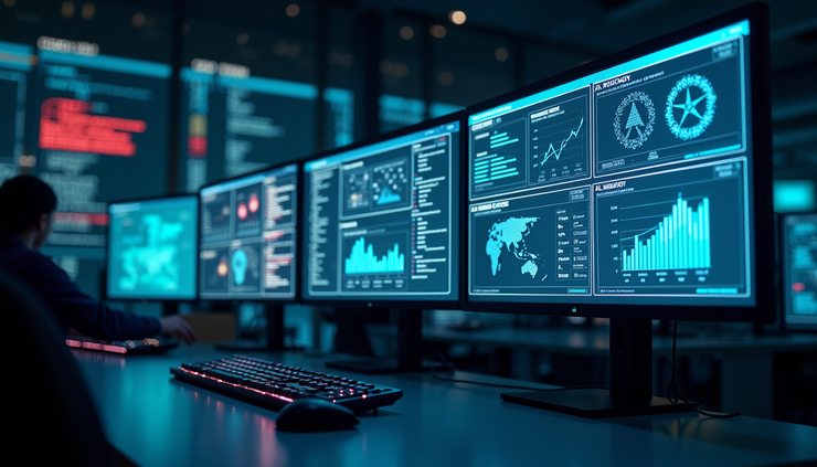 Eye-level view of a cybersecurity operations center with AI risk dashboards