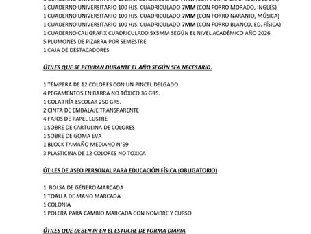 Listado Oficial de Útiles Escolares 2026 Cursos: 1° a 3° Básico