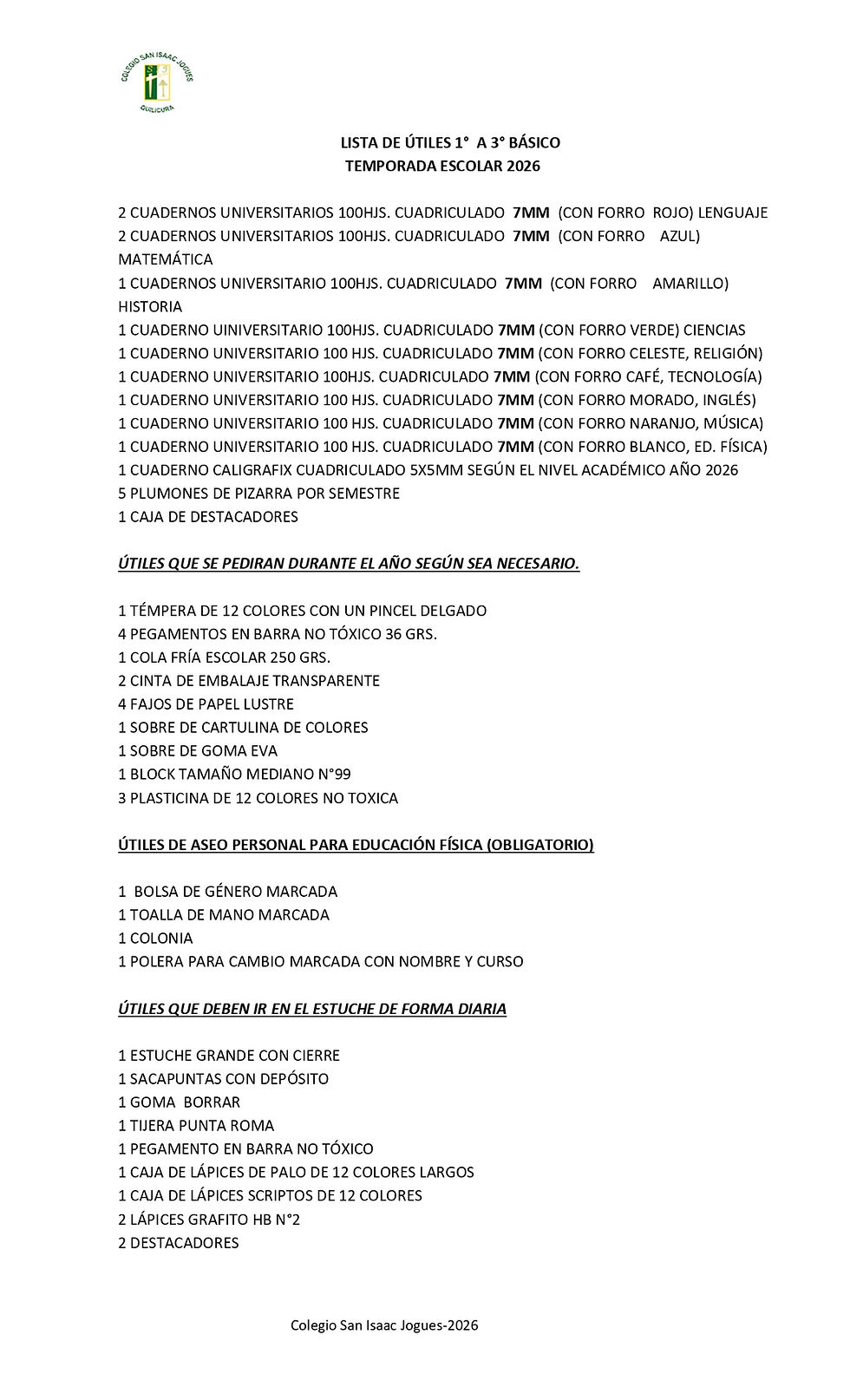 Listado Oficial de Útiles Escolares 2026 Cursos: 1° a 3° Básico