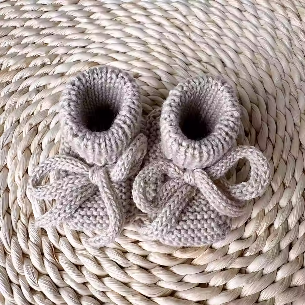 Thumbnail: Linen Merino Wool Baby Booties with Ties | Hand-Knitted Minimalist Newborn Shoes
