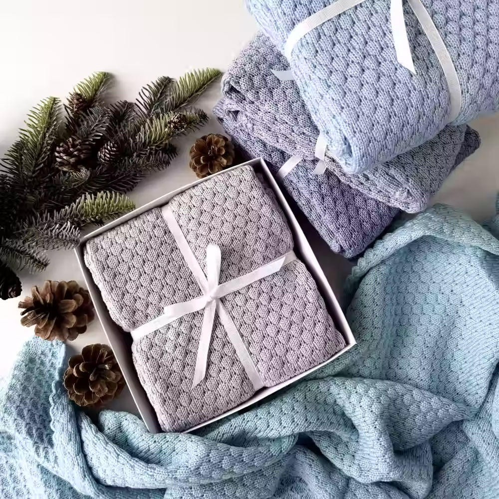 Blue Merino Wool Baby Boy Blanket | Knitted Heirloom Gift for Newborns