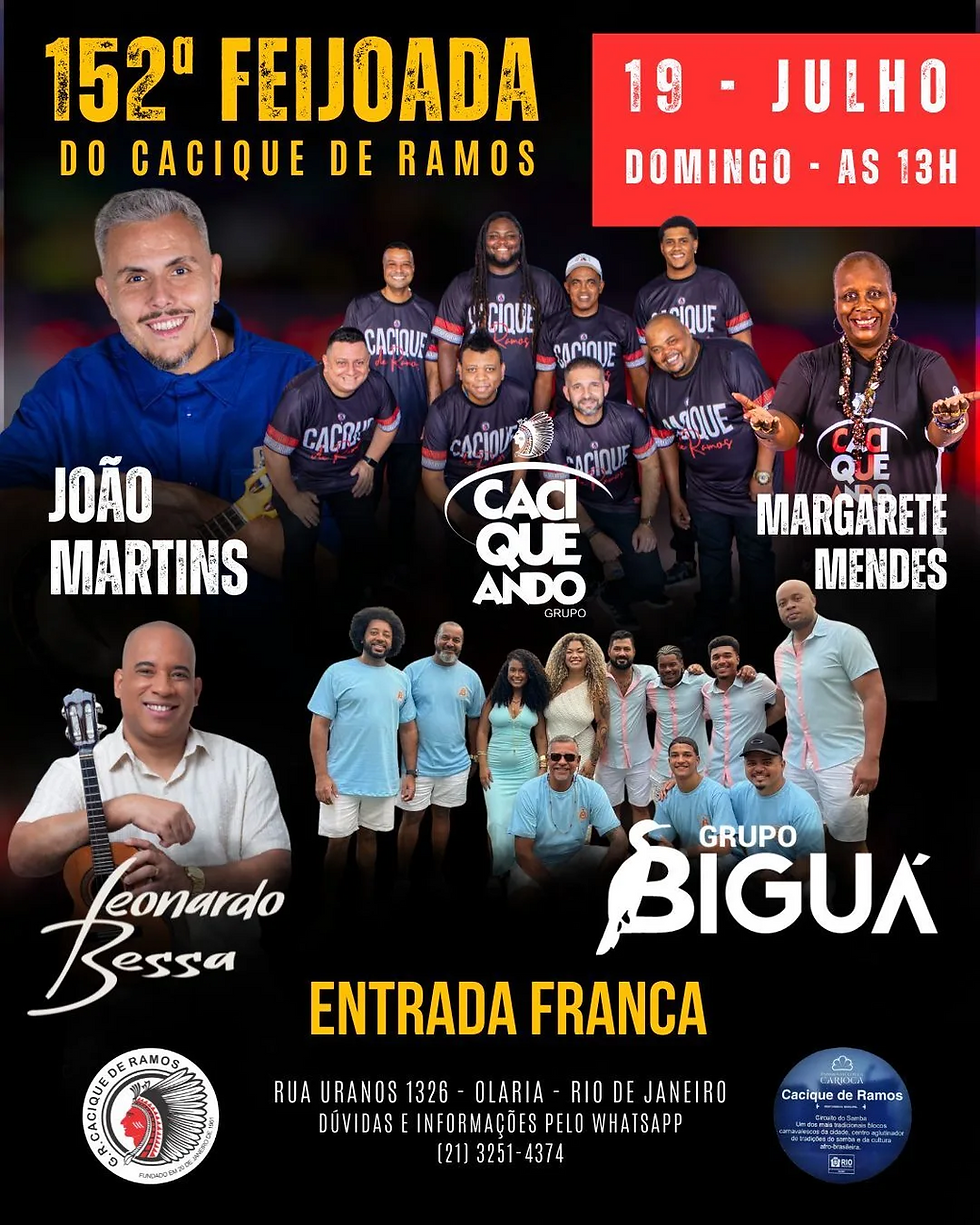 João Martins, Leonardo Bessa e Grupo Biguá são atrações da Feijoada do Cacique de Ramos neste domingo, 19