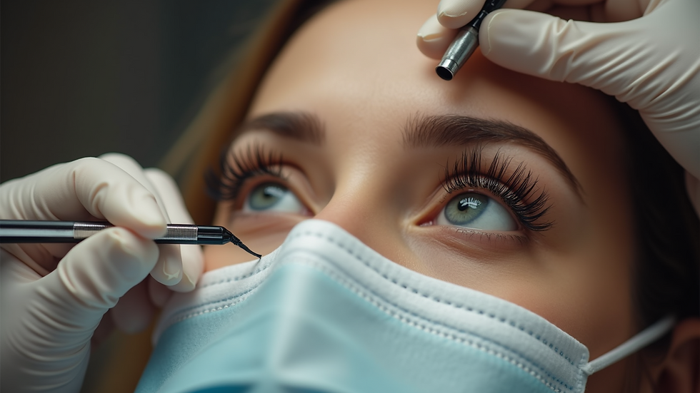 Eye-level view of a beauty technician applying eyelash extensions
