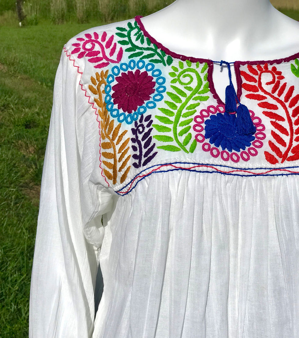 White Chiapas Mexican blouse with floral embroidery.