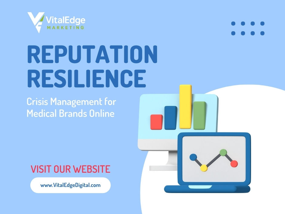 Bar graph and line chart icons on screens with text: "Reputation Resilience, Crisis Management for Medical Brands Online." Blue background.