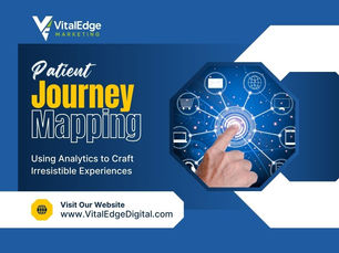 Hand touches digital interface with network icons. Text: "Patient Journey Mapping" and "Visit Our Website www.VitalEdgeDigital.com." Blue theme.