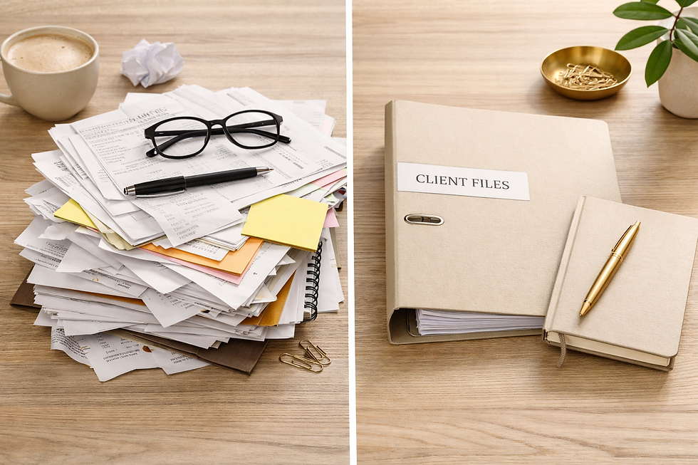 A pile of unorganised paperwork against a picture of an organised folder