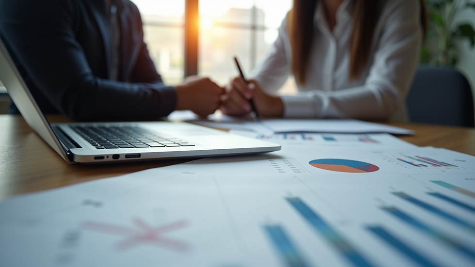 High angle view of a business meeting with financial charts and laptop