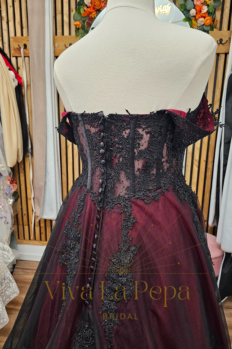 Thumbnail: Carmina Gown,Alternative Gothic Black And Red Off the Shoulder Wedding Dress
