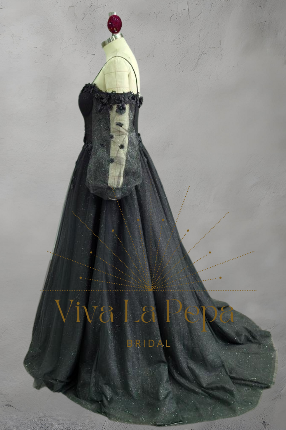 Thumbnail: Malvica Gown Alternative Black Gothic Sparkle Off the Shoulder Wedding Dress