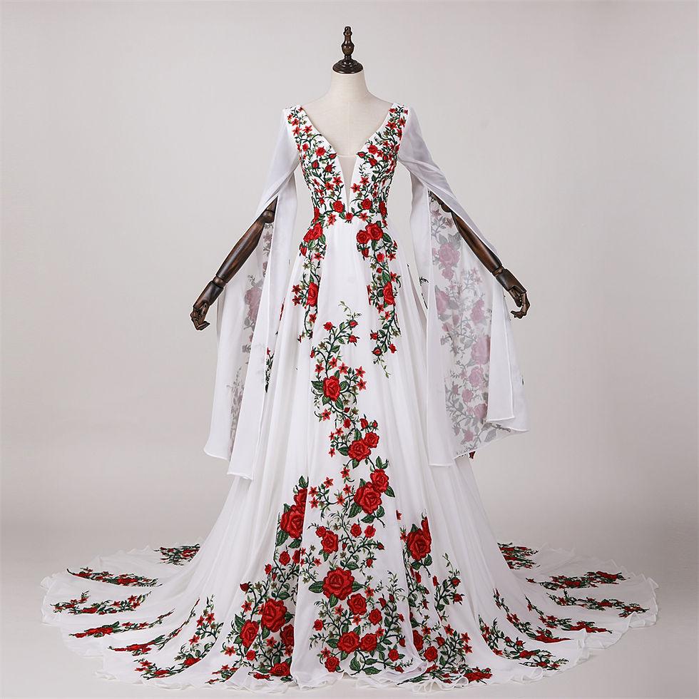 Thumbnail: Color Floral Embroidery A line Cape Sleeves Wedding Dress.