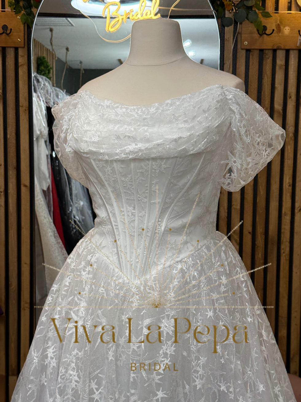 Thumbnail: Cosma Gown, alternative  all over star ball gown off the shoulder wedding dress 