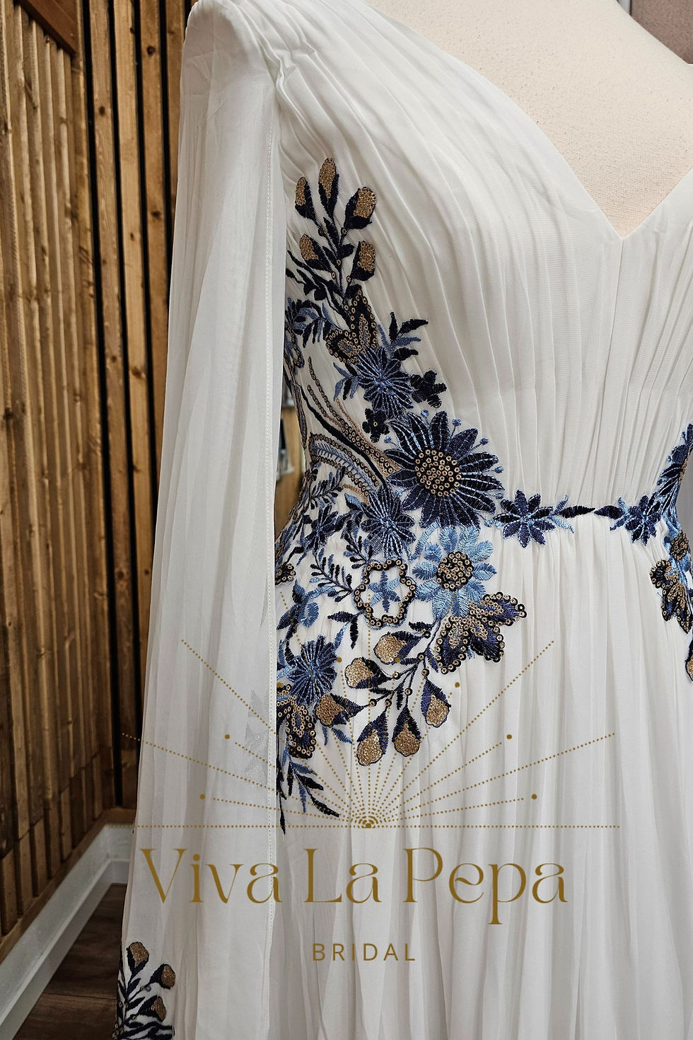 Thumbnail: Azura Gown Alternative Blue&Gold Color Embroidery Lace Cape Sleeves WeddingDress
