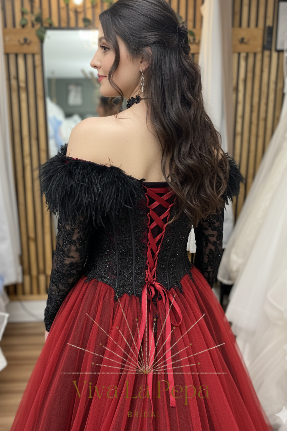 Thumbnail: Crimson Raven Alternative Off the shoulder Long Sleeves Black&Red Wedding dress.